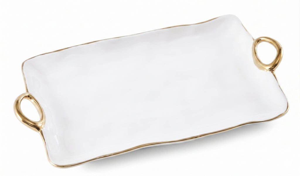 Charola Alargada Blanca con Dorado