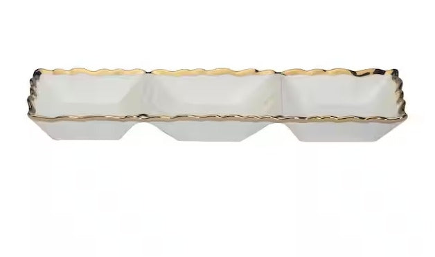 Charola triple blanca filo dorado